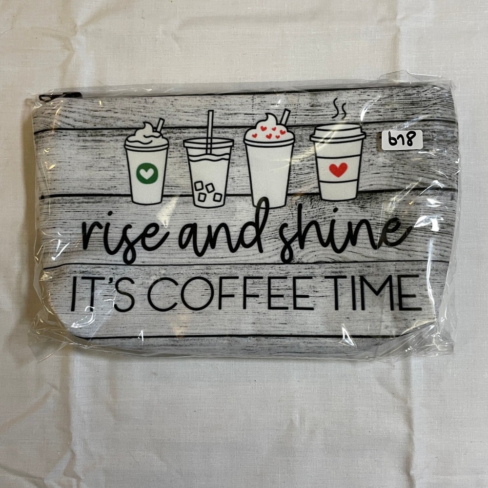 The Pouch Cosmetic Bag Women Small White NWT Rise and Shine Coffee Time Pouch